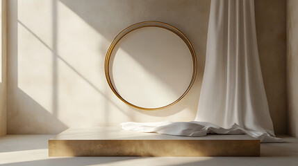 Minimalist Interior Scene With Golden Mirror And Wooden Pedestal  