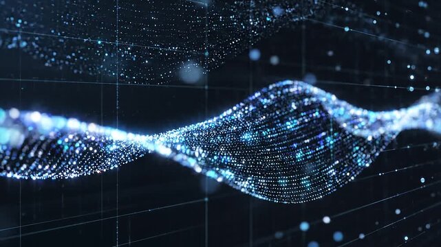 A luminous DNA helix wave flows through a dark universe backdrop, featuring a fractal technology pattern and grid elements that create a high-quality virtual reality representation of genetic informat