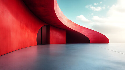 Modern Red Architectural Structure With Reflective Floor And Open Sky  