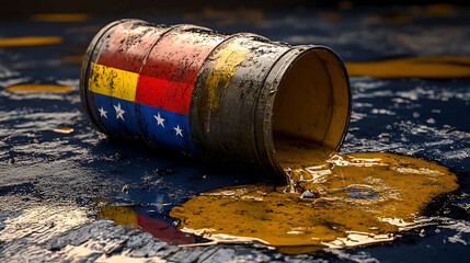 Oil Barrel Spilling Crude Oil On Dark Industrial Surface  