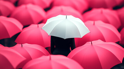 Single White Umbrella Standing Out Among Many Pink Umbrellas  