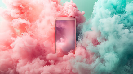 Smartphone Surrounded By Vibrant Pink And Teal Smoke Clouds  