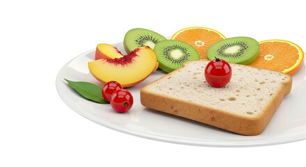 Plate with Toast, Peach, Kiwi, Orange Slices, and Cherries