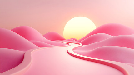 Surreal Pink Landscape With Winding Road And Soft Sunrise Glow  