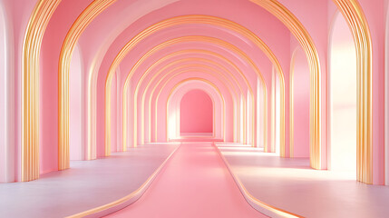Surreal Pink And Gold Arched Hallway With Soft Ambient Lighting  