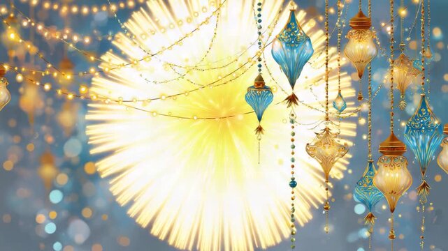 Bright fireworks with hanging string lights  