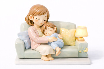 ソファで眠る子どもを抱きしめる母親　安心と愛情のイメージ