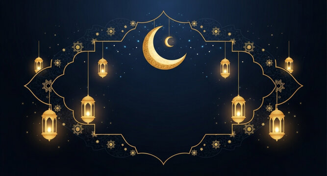 Elegant Ramadan Night Background with Golden Lanterns and Crescent Moon