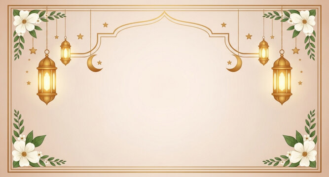 Elegant Islamic Ramadan Decorative Frame with Crescent Moon and Lanterns