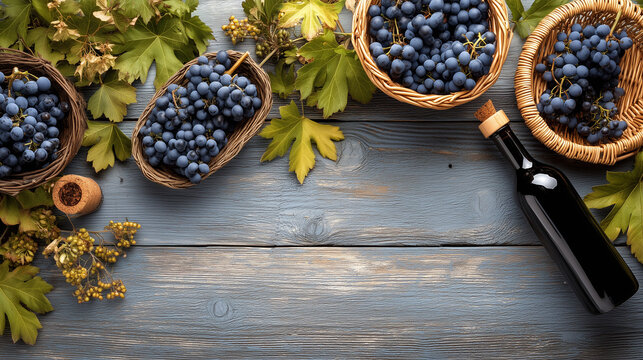 Grape Harvest Festival, Overhead View of Grapes, Wine Bottle, and Corks on Wooden Table During Grape Harvest Festival Celebrating Winemaking and Autumn Vineyard Traditions