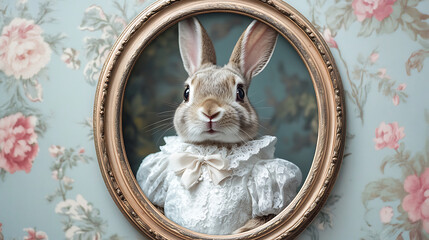Victorian Rabbit Portrait In Ornate Frame On Floral Wallpaper  