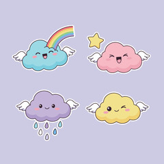 Fototapeta premium Four cute kawaii cloud characters with wings rainbow and raindrops representing different weather moods isolated on a light purple background.