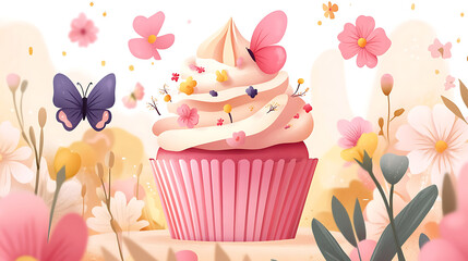 Whimsical Pink Butterfly Cupcake With Spring Flowers And Butterflies  