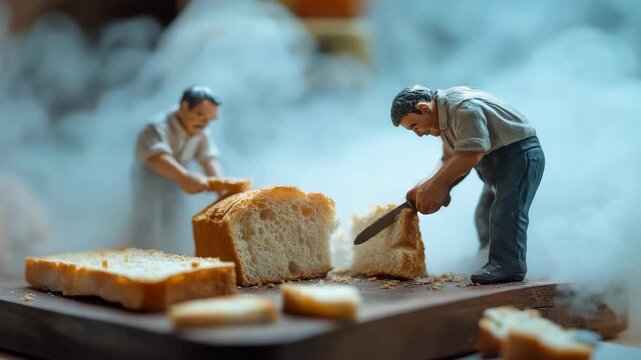 Miniature men cutting bread with knife 
