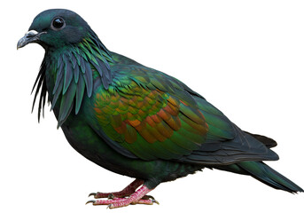 Obraz premium Vibrant green and blue exotic bird with long feathers around its neck standing against a white background.