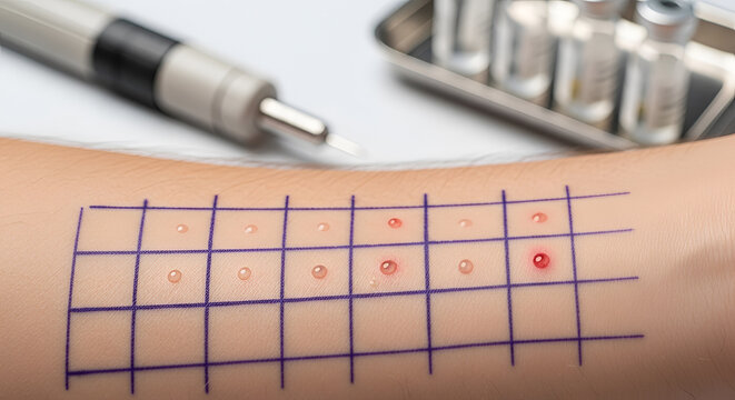 Allergy testing on human skin with reaction results marked on a grid, medical equipment in the background for diagnosis and healthcare purposes.