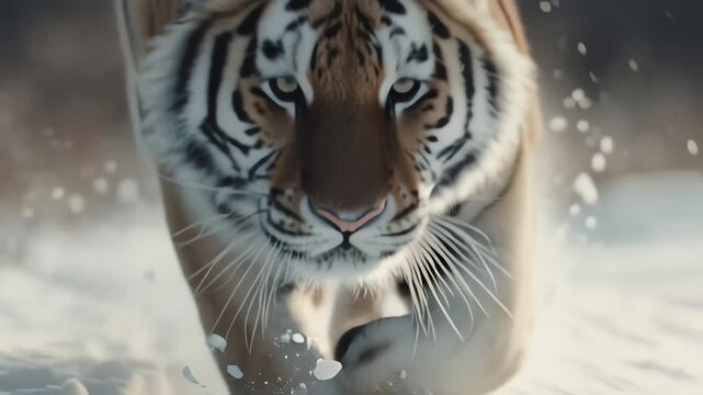 Close-up portrait of a tiger's face with snowflakes falling around it, showcasing its intense gaze and detailed fur patterns in a cold, wintry environment.