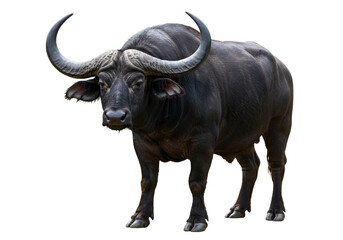 Obraz premium Majestic black buffalo with large curved horns standing proudly against a white background, symbolizing strength and wildlife conservation.