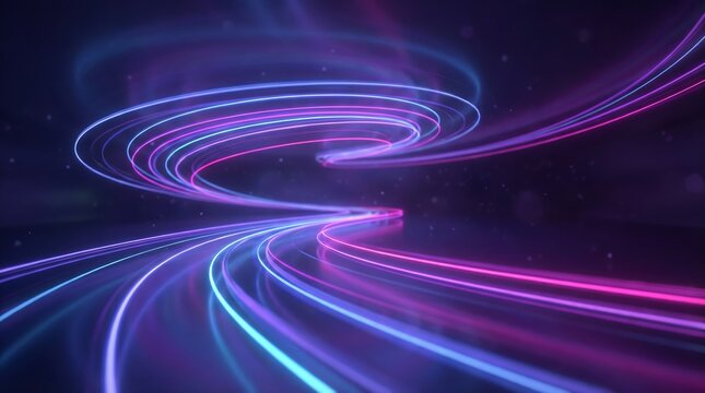 Vibrant neon light trails swirling in purple and blue hues