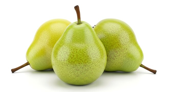 Three Green Pears on White Background.