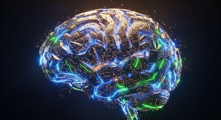 Futuristic AI Brain with Glowing Circuits and Neural Connections