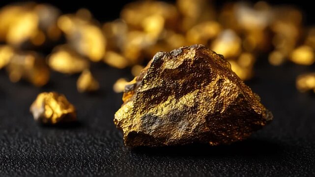 A close-up macro photograph of a large, rough gold nugget resting on a dark, textured surface, with other smaller gold nuggets blurred in the background.
