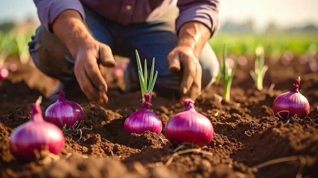 Farmer carefully planting red onion seedlings in fertile soil, agriculture concept.