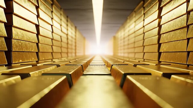 Rows of gleaming gold bars stacked high in a secure vault, illuminated by a bright light at the end of the corridor.