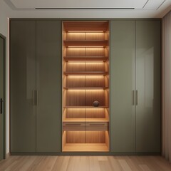 Fototapeta premium Modern Built In Wardrobe And Vanity With Warm LED Lighting And Minimalist Contemporary Interior Design