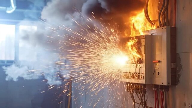 Electrical fire erupts from a circuit breaker panel, creating smoke and sparks.