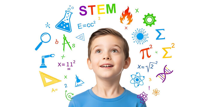 Curious young boy with STEM icons in the background, symbolizing education and learning
