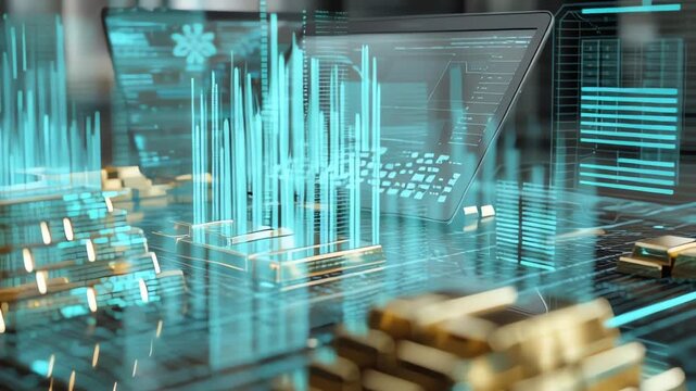 Digital gold bars on a circuit board with glowing data visualizations and a laptop in the background, representing finance and technology.