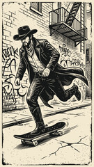 Urban Cowboy Skateboarder Linocut Style Illustration
