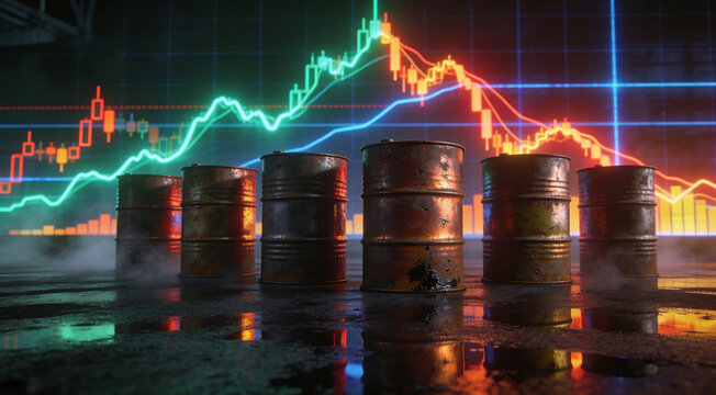 Rusty oil barrels in front of a volatile stock market graph, symbolizing global energy crisis