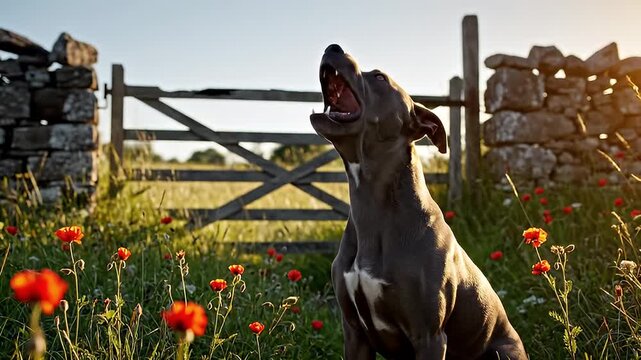 Playful dog in sunlit meadow by rustic gate.