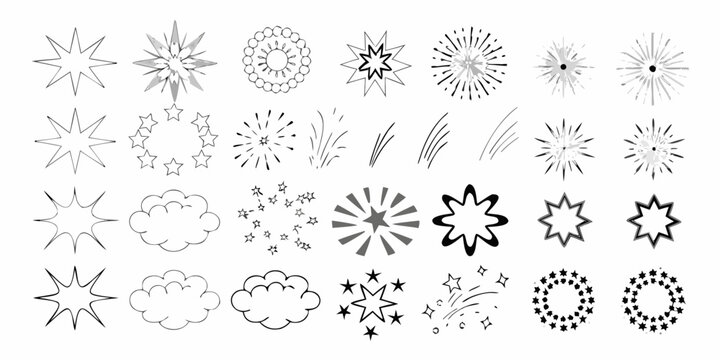 Collection of hand drawn explosion star and cloud like sketch elements