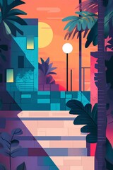 Urban landscape with palm trees and bushes. Flat style illustration.