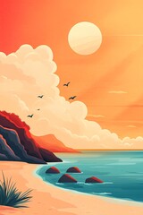 Beautiful seascape at sunset. illustration in retro style