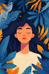 illustration of a girl with long hair in a tropical forest.