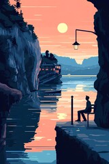 silhouette of a man sitting on a bench by the river at sunset.