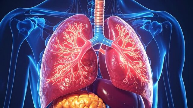 Detailed anatomical illustration showcasing the human respiratory system, including lungs, trachea, and other organs.