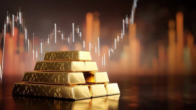 A pyramid stack of shiny gold bars with a financial market graph overlay and blurred golden background.