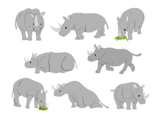 Fototapeta premium Cute Rhinoceros Animal Pose Illustration Set
