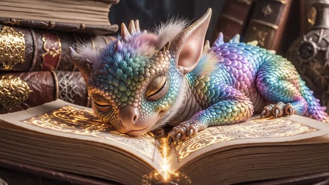 Dragonet sleeps on open book.