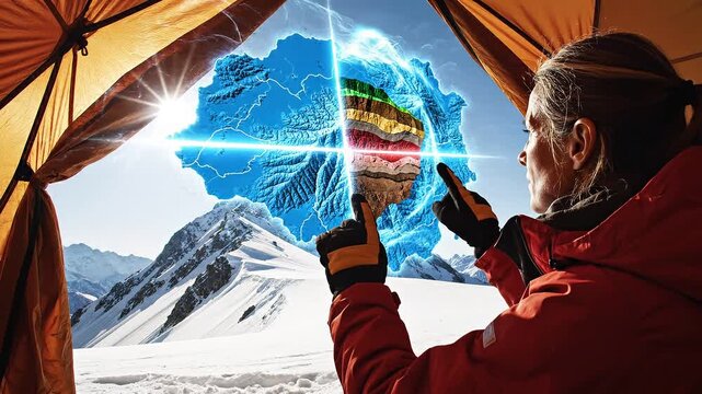 Adventurer inside a snowy tent interacts with a 3D topographic map of mountains, showcasing digital mapping and outdoor expedition planning.