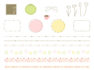 春色のフレームやラインのセットとチューリップのイラスト素材