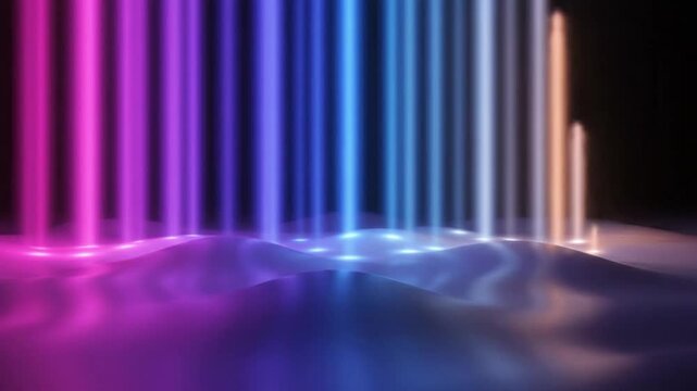 Vibrant neon light beams rising from wavy surface in dark background colorful abstract motion