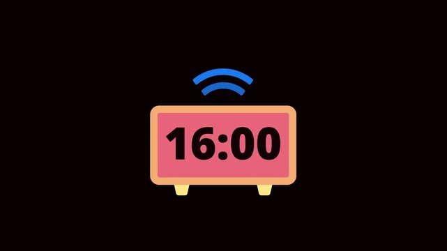 Digital Alarm Clock 16:00 Time Reminder Animation On Black Background. 16:00 AM PM Alarm Clock Flat Motion Graphic. Clock Alarm Notification Minimal Animation. 4k video