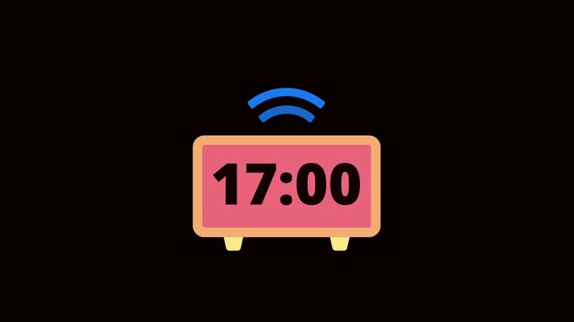 Digital Alarm Clock 16:00 Time Reminder Animation On Black Background. 16:00 AM PM Alarm Clock Flat Motion Graphic. Clock Alarm Notification Minimal Animation. 4k video