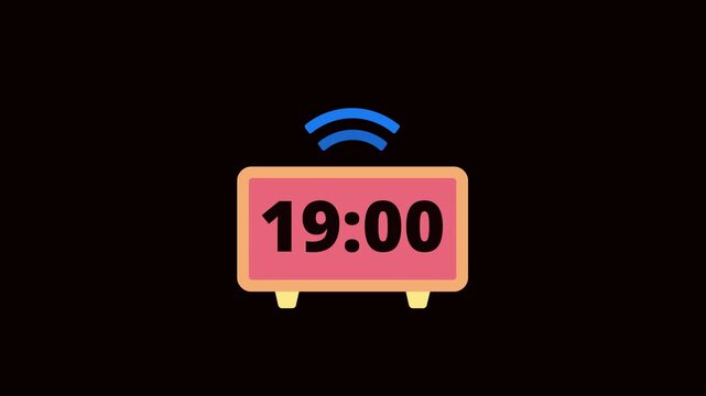Digital Alarm Clock 19:00 Time Reminder Animation On Black Background. 19:00 AM PM Alarm Clock Flat Motion Graphic. Clock Alarm Notification Minimal Animation. 4k video